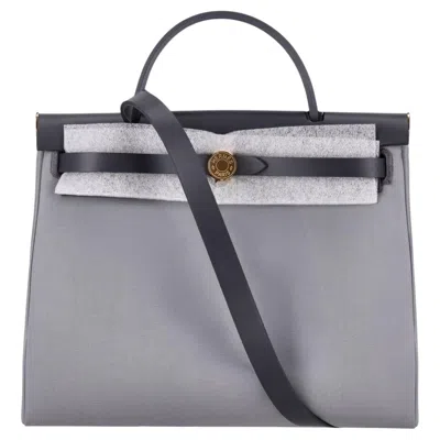 Pre-owned Hermes Toile & Vache Hunter Leather Herbag Zip 31 Bag Matching Pouch - Full Set In Gray