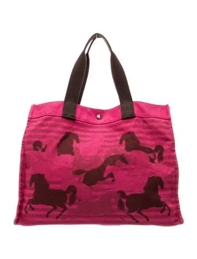 Pre-owned Hermes Toile Chevaux En Camouflage Beach Tote In Pink