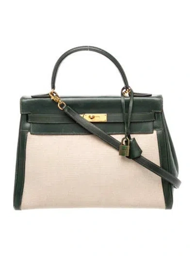 Pre-owned Hermes Toile H & Box Kelly Sellier 32 In Green