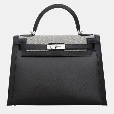 Pre-owned Hermes Toile H Berline/ Swift Kelly 32 Sellier Bag In Black