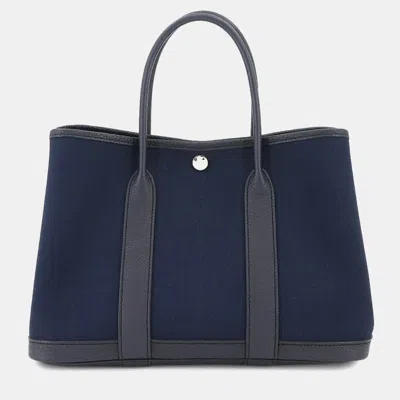 Pre-owned Hermes Toile Militaire Leather Blue Marine Navy Garden Party Tote Tpm