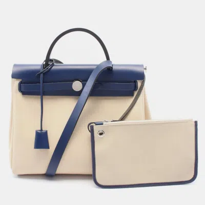 Pre-owned Hermes Herbag Zip Pm Hand Shoulder Bag Z Toile Military Beige Blue Saphir Shw