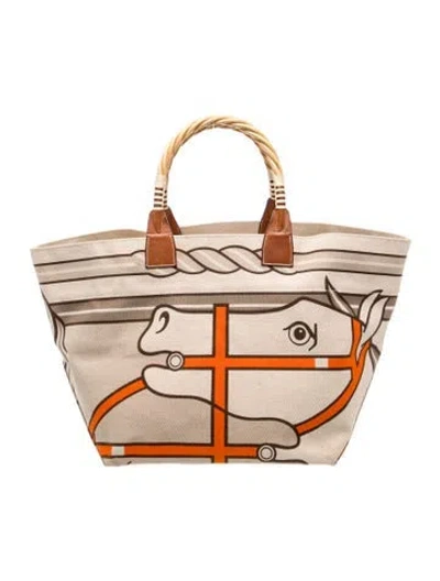 Pre-owned Hermes Toile Steeple Tote In Neutral