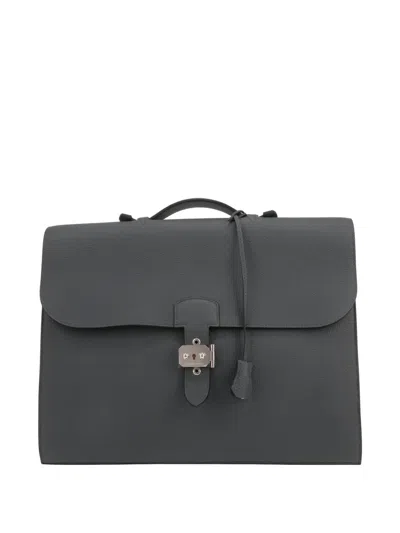 Pre-owned Hermes Top Handle Leather Briefcase In Gray