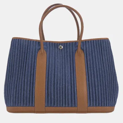 Pre-owned Hermes Tote Bag Garden Pm Denim Leather Pal Blue Indigo Indian Brown