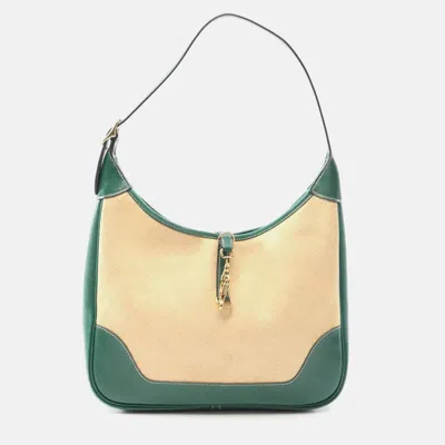 Pre-owned Hermes Trim Toile H Beige/green Canvas Leather Shoulder Bag 31 In Sand