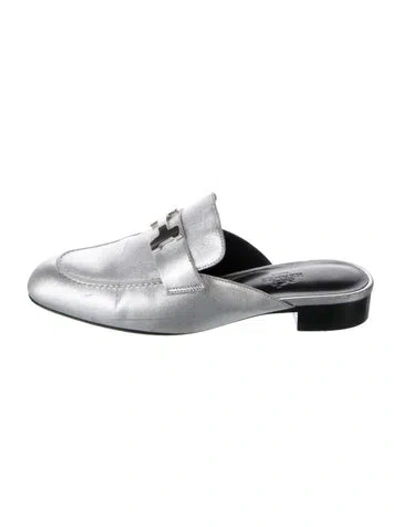 Pre-owned Hermes Trocadero H Logo Mules In Metallic/silver