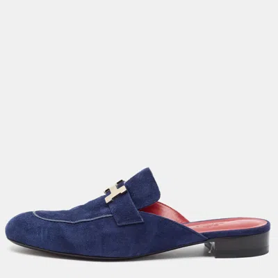Pre-owned Hermes Trocadero Size 40 Navy Blue Suede Flat Mules