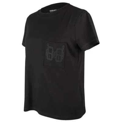 Pre-owned Hermes T-shirt Women's Black Embroidered Pocket 42 Nwt