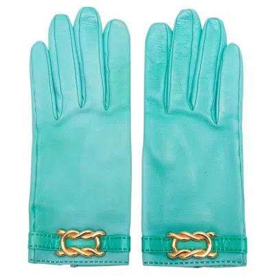 Pre-owned Hermes Turquoise  Leather Gloves Size 7.5 In Blue