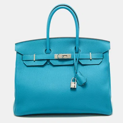 Pre-owned Hermes Turquoise Togo Leather Palladium Finish Birkin 35 Bag In Blue