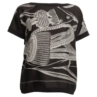 Pre-owned Hermes Twillaine Short Sleeve Blouse Top In Printed Black Silk And Silk Knit