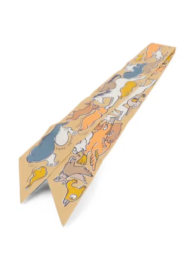 Pre-owned Hermes Twilly Animal-print Scarf In Neutral