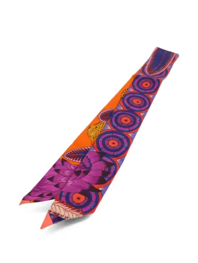 Pre-owned Hermes Twilly Animal-print Scarf In Orange