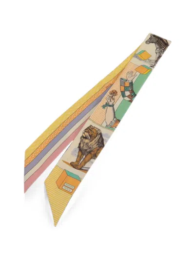 Pre-owned Hermes Twilly Animal-print Silk Scarf In Yellow