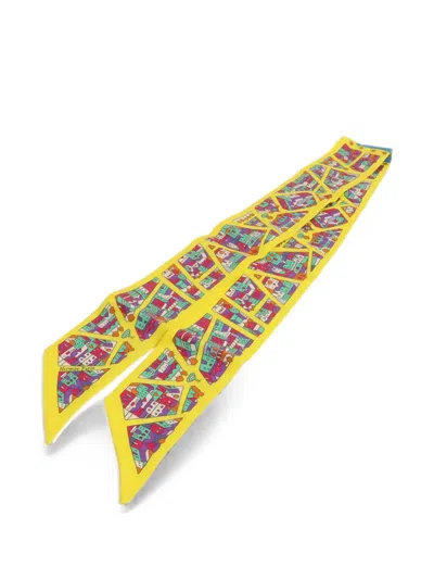 Pre-owned Hermes Twilly Architectural-print Scarf In Yellow