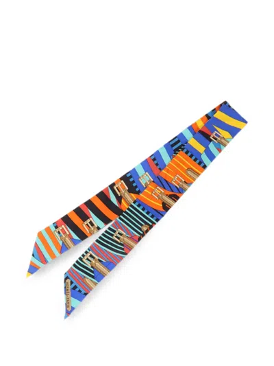 Pre-owned Hermes Twilly Buckle-print Scarf In Blue