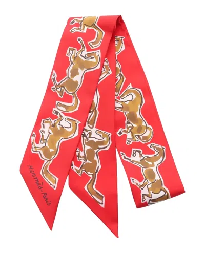 Pre-owned Hermes Twilly Chevaux En Liberte Printed Scarf In Red