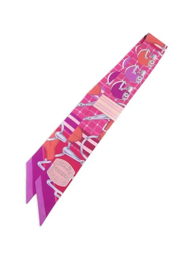 Pre-owned Hermes Twilly Equestrian-pattern Scarf In Pink