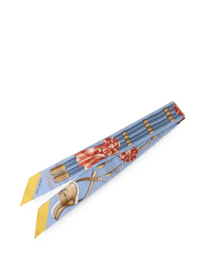 Pre-owned Hermes Twilly Equestrian-print Scarf In Blue