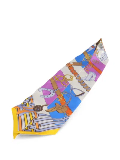 Pre-owned Hermes Twilly Equestrian-print Scarf In Neutral