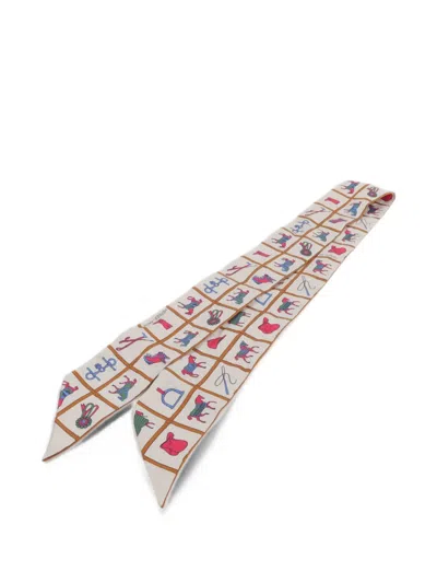 Pre-owned Hermes Twilly Equestrian-print Scarf In Neutral