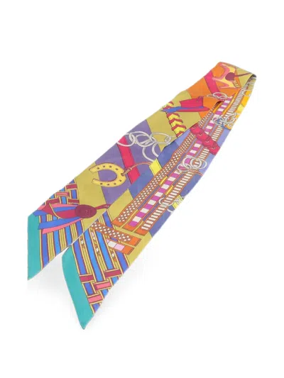 Pre-owned Hermes Twilly Equestrian-print Scarf In Yellow