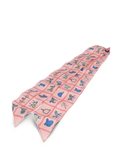 Pre-owned Hermes Twilly Equestrian-print Silk Scarf In Pink