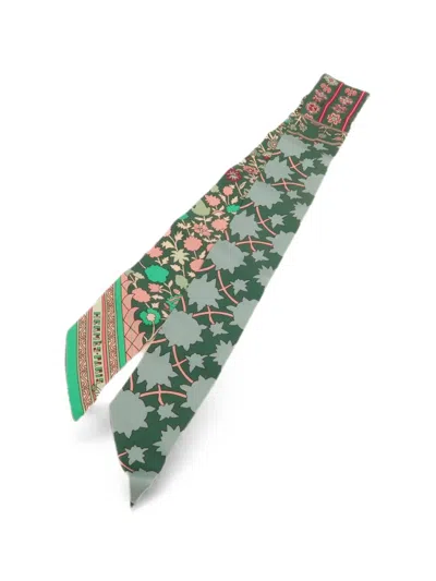 Pre-owned Hermes Twilly Floral-print Scarf In Green