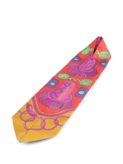 Pre-owned Hermes Twilly Graphic-print Ribbon Scarf In Red