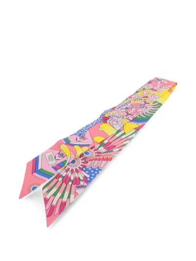 Pre-owned Hermes Twilly Graphic-print Scarf In Pink