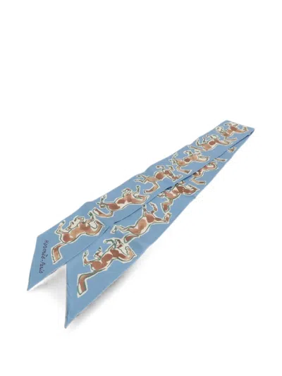 Pre-owned Hermes Twilly Horse-print Scarf In Blue