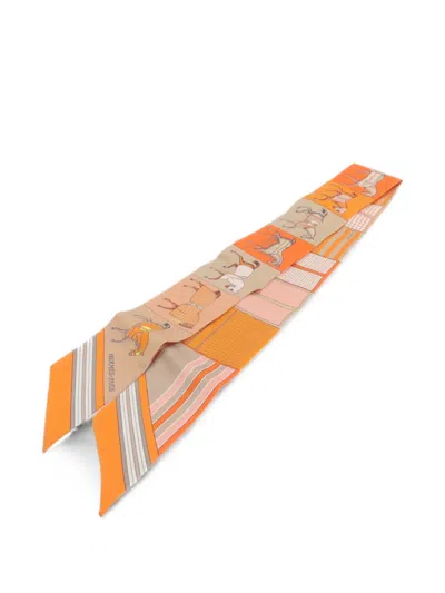Pre-owned Hermes Twilly Horse-print Silk Scarf In Orange