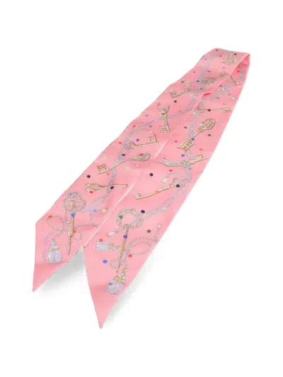 Pre-owned Hermes Twilly Key-print Scarf In Pink