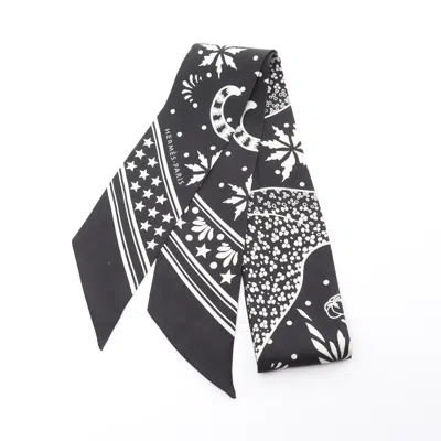 Pre-owned Hermes Twilly Les Leopards Ribbon Scarf Silk In Black