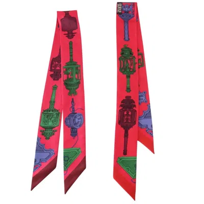 Pre-owned Hermes Twilly Merveilleuses Lanternes Silk Scarf Set Of 2 Fuschia In Pink