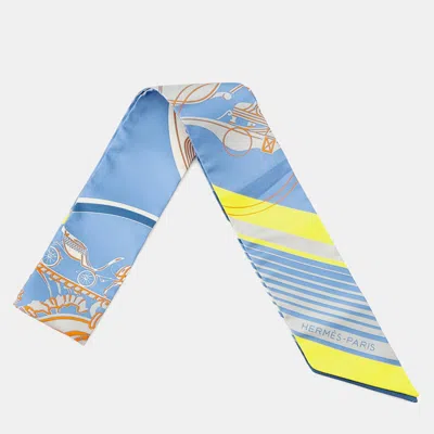 Pre-owned Hermes Twilly Sticker Ex-libris Bleu Moyan/jaune Viff/orange Silk In Blue
