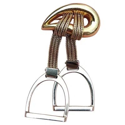 Pre-owned Hermes Hermès Two Tone Gold Stirrups Brooch Lapel Pin Equestrian Theme Horse Texas In Multi