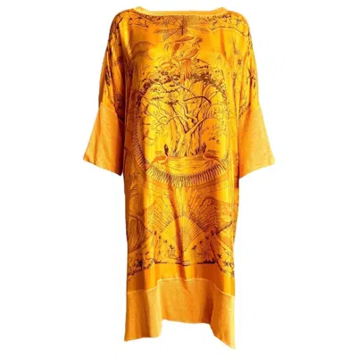 Pre-owned Hermes Unworn Hermès Paris Orange Printed Silk Twill & Linen Kaftan Caftan Dress Os