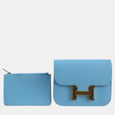 Pre-owned Hermes Vaux Epson Celeste Constance Pouch With Coin B Stamp Compact Wallet In Blue