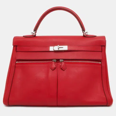 Pre-owned Hermes Vermilion Swift Kelly Laki 35 Handbag In Red