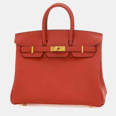 Pre-owned Hermes Vermilion Swift W Engraved Birkin Handbag In Red