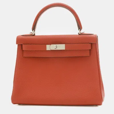 Pre-owned Hermes Vermilion Togo Q Stamp Kelly Handbag In Red