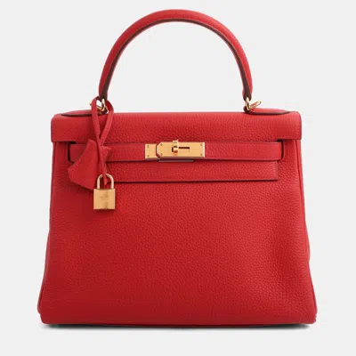 Pre-owned Hermes Vermillion Togo Retourne Kelly 28 Ghw In Red