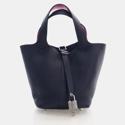 Pre-owned Hermes Verso Picotin Lock 18 Bleu Nuit Rose Pourpre Clemence Swift Leather Top Handle Bag In Blue