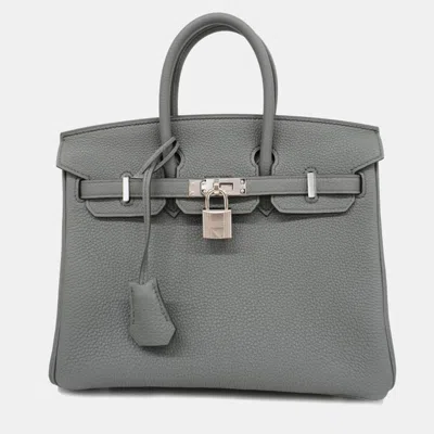 Pre-owned Hermes Vert Amand Togo Birkin Engraved Handbag In Grey