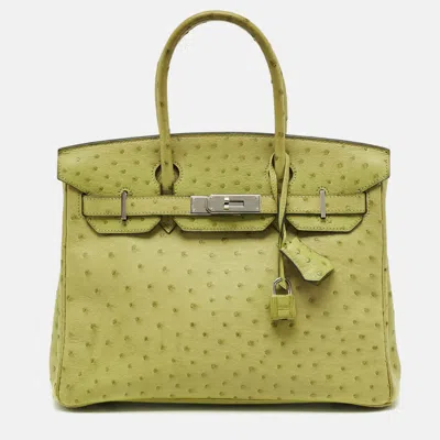 Pre-owned Hermes Vert Anis Ostrich Palladium Finish Birkin 30 Bag In Green