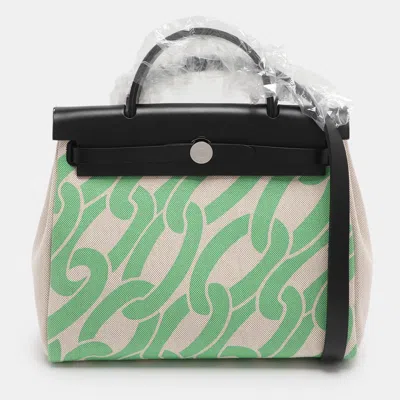Pre-owned Hermes Hermès Vert Comics/black H Plume Canvas And Vache Hunter Leather Maillons & Co Motif Herbag Zip 31 B In Green