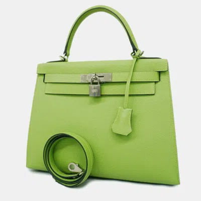Pre-owned Hermes Vert Cricket Vaux Epson Kelly Engraved Handbag In Green