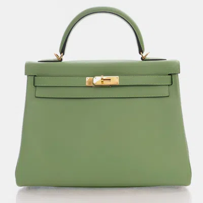 Pre-owned Hermes Vert Criquet Togo Kelly 32 Handbag In Green